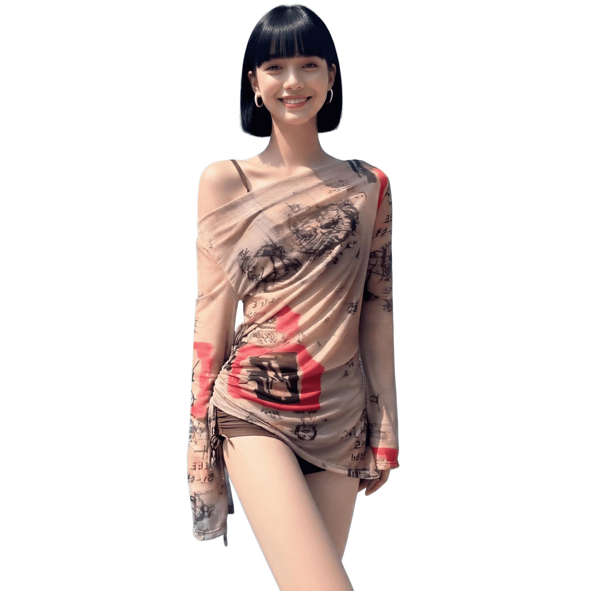 Two-Piece - 水着 レディース 3点セット ビキニ 体型カバー 長袖 ラッシュガード シースルー 総柄 レトロ ハイウエスト タンキニ 露出控えめ 大人可愛い ビーチ プール 温泉 リゾート スイムウェア ショート