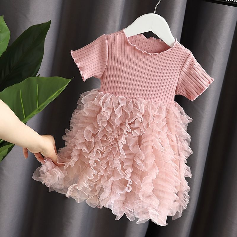 Rakuten - 女の子 ワンピース 子供 チュール ふわふわ プリンセス フリル 切り替え リブニット 半袖 夏 お出かけ 通園 通学 上品 ガーリー 可愛い 膝丈 柔らかい キッズ お呼ばれ プレゼント ギフト お