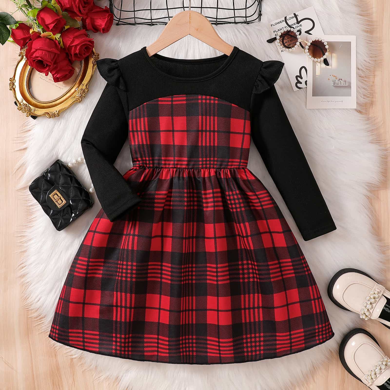 Rakuten - 子供服 女の子 ワンピース 長袖 タータンチェック 肩フリル 切り替え チュニック Aライン キッズ服 リブニット 秋冬 通園 通学 お出かけ かわいい おしゃれ ガールズ 発表会 姉妹コーデ