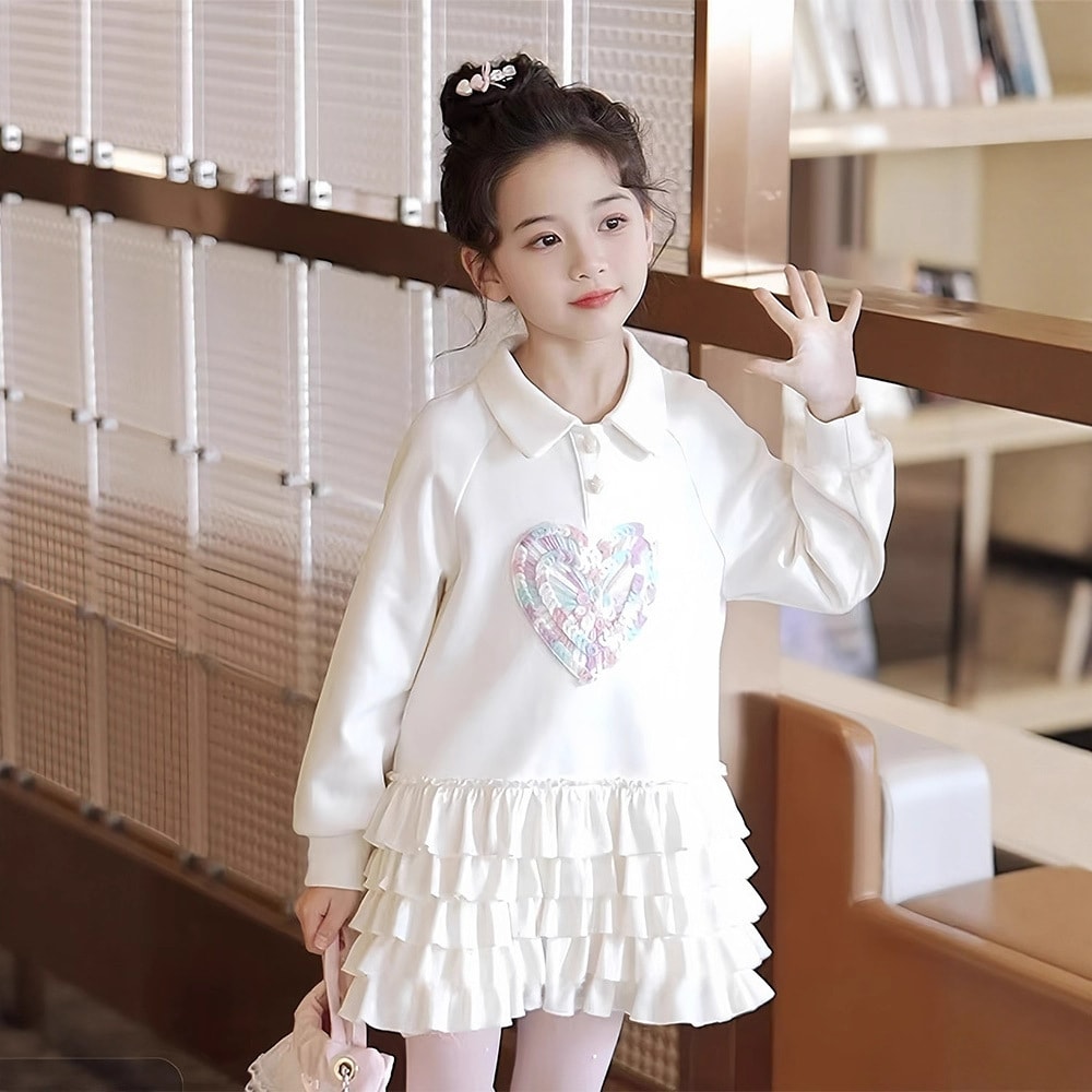 Rakuten - 女の子 ワンピース 長袖 子供服 襟付き ハート フリル ティアード チュニック キッズ ドレス 柔らかい 通園 通学 お出かけ 発表会 カジュアル 春 秋 冬 普段着 ジュニア 学院風 ガールズ お