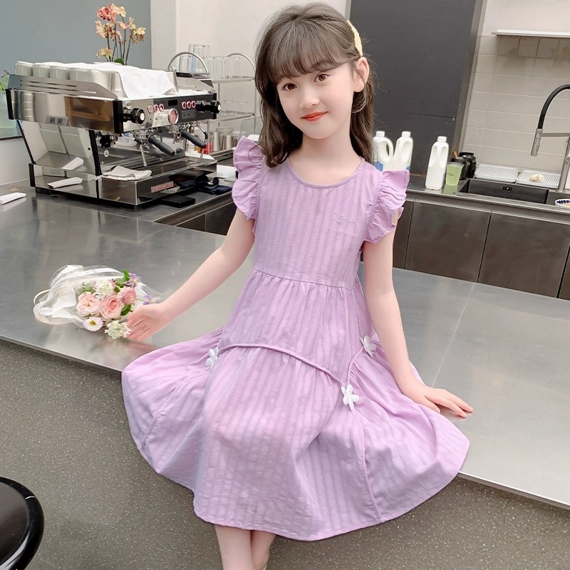 Rakuten - ワンピース 女の子 子供服 膝丈 ワンピース 裏地あり Aライン ノースリーブ クルーネック 花 モチーフ付き カジュアル 涼しい ふんわり 夏服 春 おしゃれ 通学 お出かけ お呼ばれ 可愛い 清楚