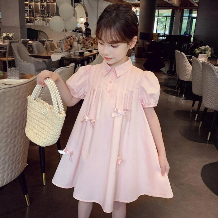 Rakuten - 女の子 ワンピース 襟付き 半袖 キッズ チュニック 丸襟 パフスリーブ リボン Aライン 子供服 発表会 結婚式 お出かけ 通園 通学 カジュアル ガーリー フェミニン 春 夏 秋 かわいい プリン
