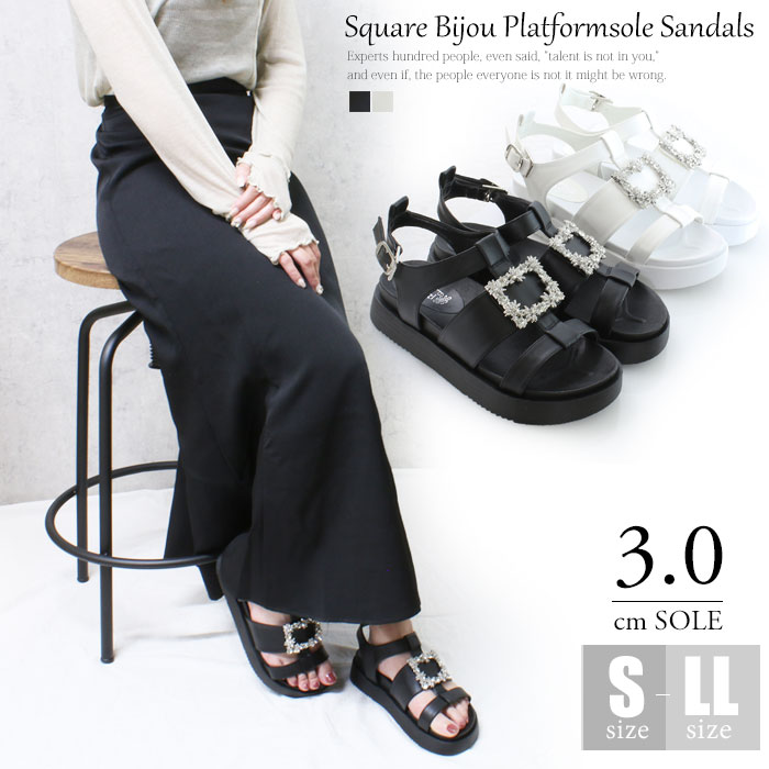 厚底 フラットソール スクエアビジュー ストラップ サンダル レディース 夏 歩きやすい kk-6024