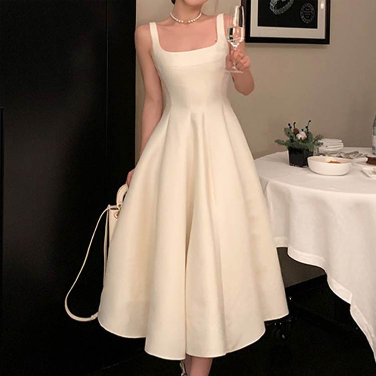 キャミソール 二次会 レディース 夏 パーティードレス ドレス セレモニー ノースリーブ カラードレス 春 ウエディングドレス 花嫁ドレス 袖なし フレア ふんわり Aライン ミモレ丈 ワンピース キャミソール フォーマル