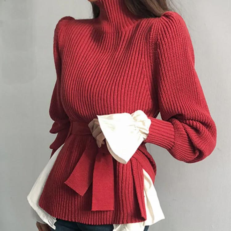 Room75cのウェストリボン ハイネック ニット 長袖 セーター トップス ニットセーター タートルネック ニットソーフェミニン オフィスカジュアル スリット入り OL 通勤 アシンメトリー S X L M｜アングル3