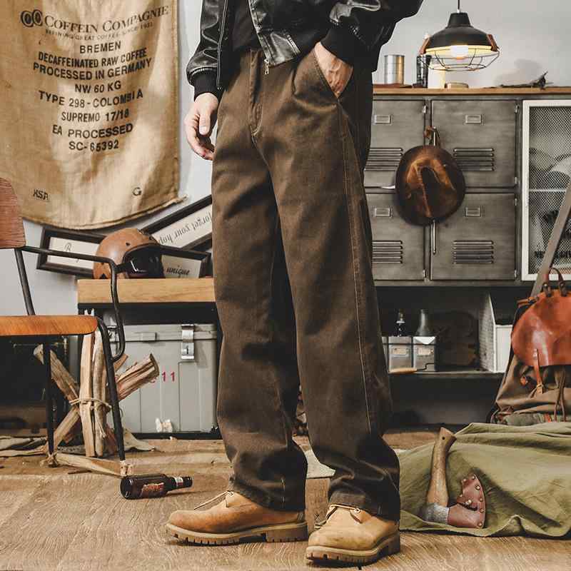 カジュアルパンツ メンズ ヘビーウェイト 丈夫 ウォッシュ加工 アメカジ ワークパンツ ルーズ ストレート ミッドライズ コットン 無地 ポケット付き ノンストレッチ 通気性 秋冬