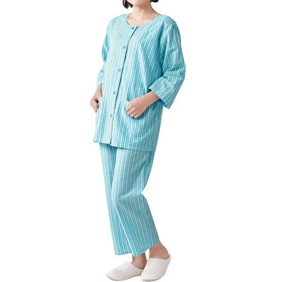 Cotton - セルヴァン　綿100%涼ヤカクルーネックパジャマ　サックス　寝巻　ウエストゴム　快眠