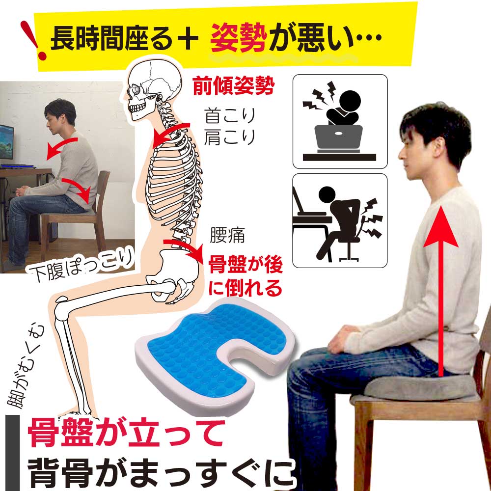 2層式骨盤矯正 クッション 低反発 ＋ ゲルクッション 椅子 長時間 座布団 持ち運び グッズ 円座 車用 運転 腰痛 予防 解消 オフィス に おすすめ 痔 ドーナツ型