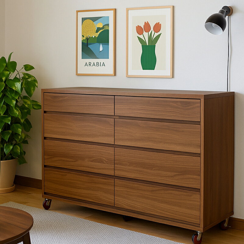 クーポン祭り開催中【 在庫わずか 】LI-120-4段ワイドチェスト・北欧テイストのミッドセンチュリーモダンデザイン・ちょっとした移動に便利なキャスター付き・ウォールナット柄の国産チェスト・完成品
