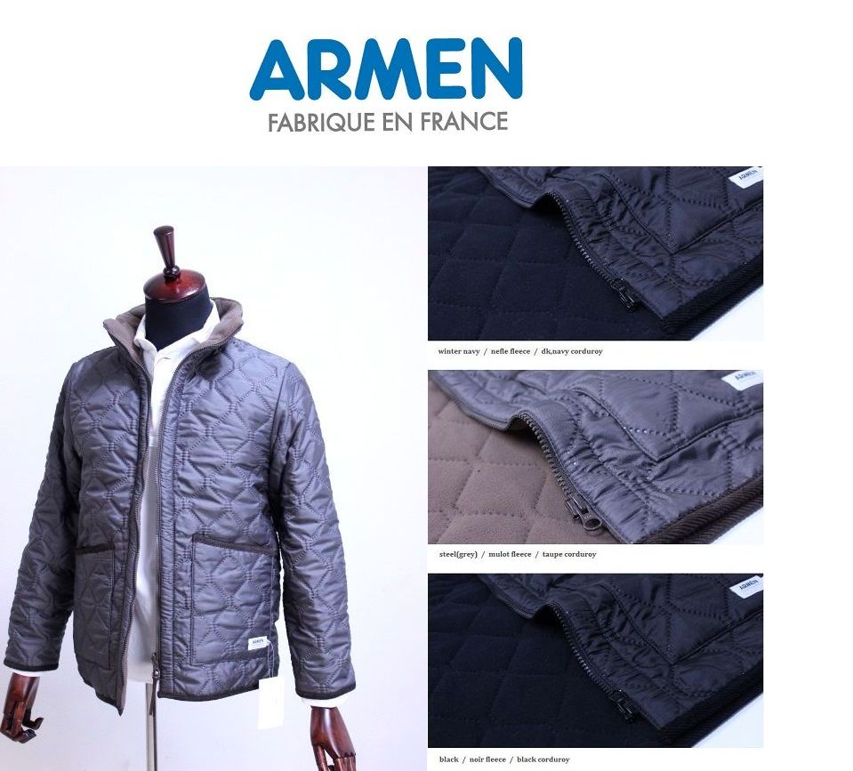 アーメン キルティングコート メンズ SALE30%OFF 2023秋冬入荷 Armen アーメン REVERSIBLE HIGH-NECK ZIP JKT NAM9977 定番 キルティング ジャケット メンズ