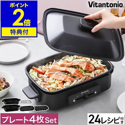 ビタントニオ ホットプレート 【特典付き】ビタントニオ ホットプレート おしゃれ 深鍋 焼肉 たこ焼き たこ焼き器 鍋 電気 電気プレート 二色鍋 仕切り鍋 蒸し料理 キッチン家電 一人用 ブラック【送料無料】［ Vitantonio ホットプレート VHP-10 プレート4枚セット ］