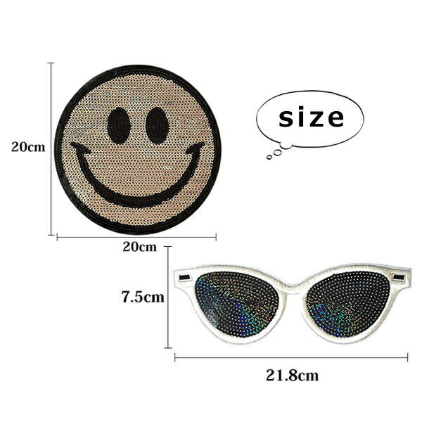 2枚セット ワッペン スパンコールワッペン アイロン接着 Lサイズ サングラス × スマイル smile にこちゃん ニコちゃん めがね アイロンワッペン 手芸 雑貨 かわいい デコ ダンス 入園 入学 WAPPEN wappen アップリケ【メール便可】 2