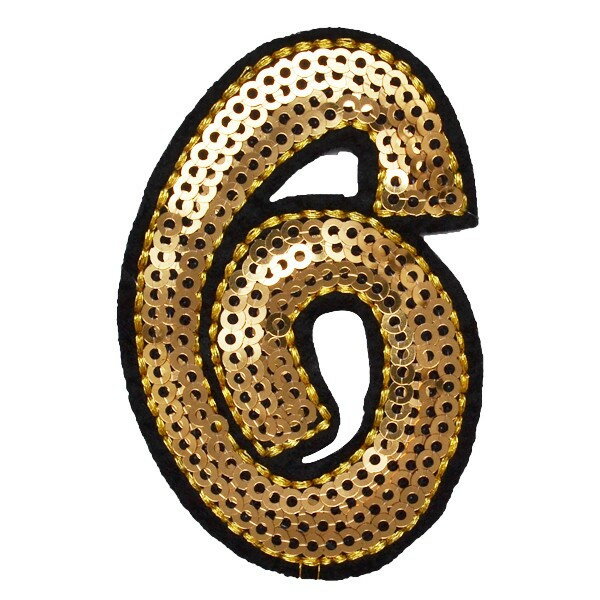 ワッペン スパンコール アイロン接着 縦6.2cm×横4.3cm ゴールド 数字 ナンバー 6 キラキラ アイロンワ..