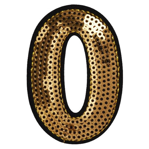 ワッペン スパンコール アイロン接着 縦6.5cm×横4.6cm ゴールド 数字 ナンバー 0 キラキラ アイロンワ..