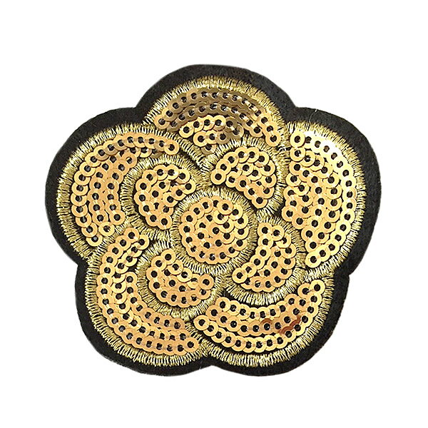 樂天商城 - フラワー ワッペン スパンコール アイロン接着 縦6cm×横6.3cm カメリア ゴールド 花 フラワー キラキラ アイロンワッペン デコ ダンス 入園 入学 わっぺん アップリケ