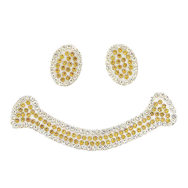 ストーン ワッペン アイロン接着 縦5.5cm×横7.8cm シャンパンゴールド×シルバー スマイル すまいる smile にこちゃん ニコちゃん キャラクター キラキラ アップリケ アイロンワッペン 手芸 デコ ダンス 入園 入学 マスク用小さいサイズ