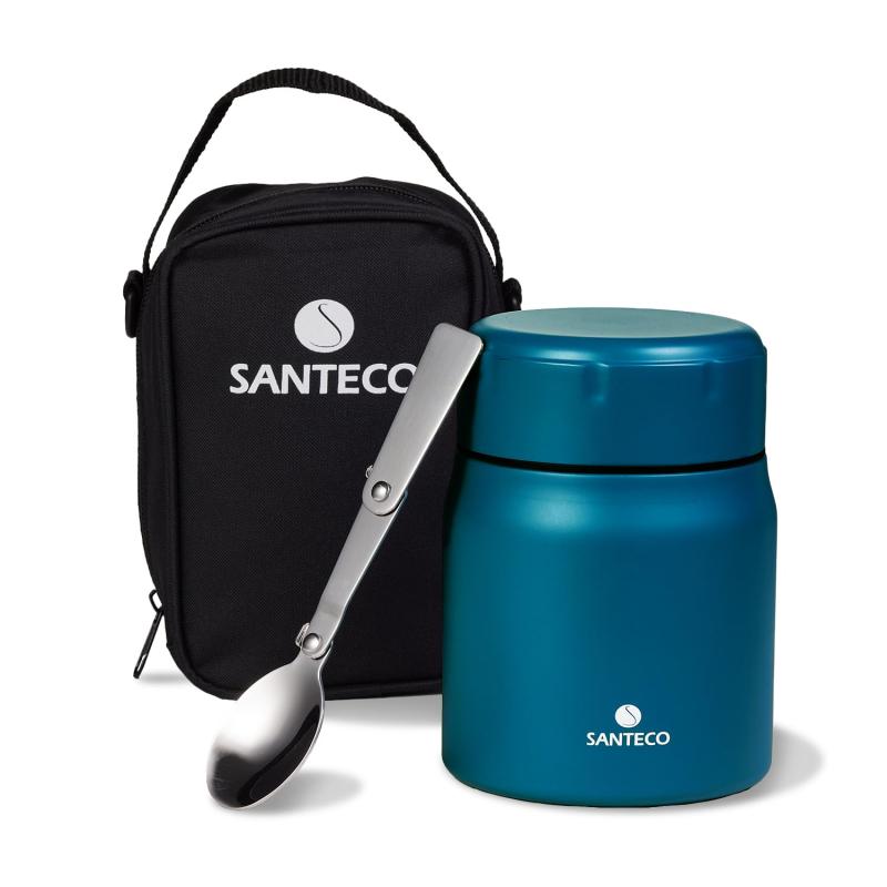 SANTECO 真空断熱 スープジャー 500ml 広口 保温保冷 ランチジャー保温弁当箱 スプーン 専用バッグ付 オシャレ ピクニック 部活用 学校【食事のしやすさ】広口設計のスープジャーで口当たりがやさしい大容量で煮物やおでんなど、具材の大きな料理を入れ、周りの複数人と美味しい料理をシェアすることもできます。【保温・保冷効果がいい】高い保温、保冷能力でたべごろ温度をキープするステンレス製魔法びん構造で暖かいスープやシチュー、冷たいデザートを持ち運べます。電気もガスも節約できて、味がよく染み込むのが保温（保冷）調理の魅力です。【密閉性が抜群】フードジャーのフタの溝に水滴が流れるため液だれもしづらく、振っても漏れはありませんでした。安定感のあるデザインのため、漏れの心配なく持ち運べます。【お手入れカンタン】フタはパーツが分かれるので、すみずみまで洗えます。弁当箱のフタを開けると隙間に水滴が流れるので液だれせず、漏れも一切ありませんでした。飲み口はやや厚めですが、丸みがありやさしい口当たりです。【スプーンとポーチが付き】弁当箱には折りたたみ式のスプーンが付いており、いつでもおいしいスープに簡単にアクセスできます。旅行やピクニックに便利な専用収納袋も配置しています。