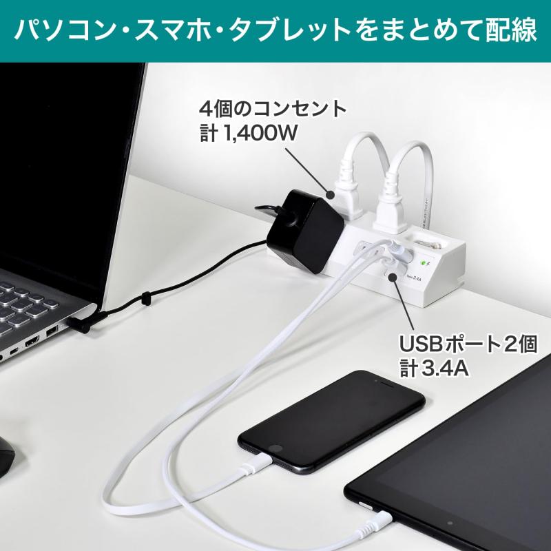 RoothouseStoreのエルパ(ELPA) デスクUSBタップ クランプ固定 コンセント 4口 USB 2口 2.4A 集中スイッチ 雷ガード 電源タップ 延長コード 2m ホワイト WLS-DS4232SUA(W)｜アングル3
