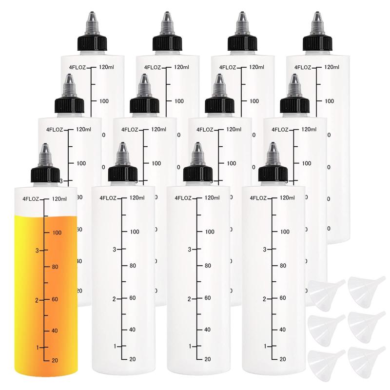 12個セット120ml プラスチックボトルド ロッパーボトル 半透明 目盛り付き プラモデル 塗料 小分けボトル スポイトボトル 塗料液体容器 希釈/実験/手芸/アート 多用途 6個漏斗付き