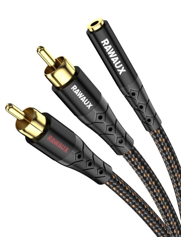 RAWAUX RCA 3.5mm 変換 オーディオケーブル 2RCAオス to 3.5mmメス延長 ステレオ AUX - フォノ 24K金メッキ赤白ケーブル テレビ 携帯電話 ノートパソコン ホームシアター アンプ 用 （0.3m)