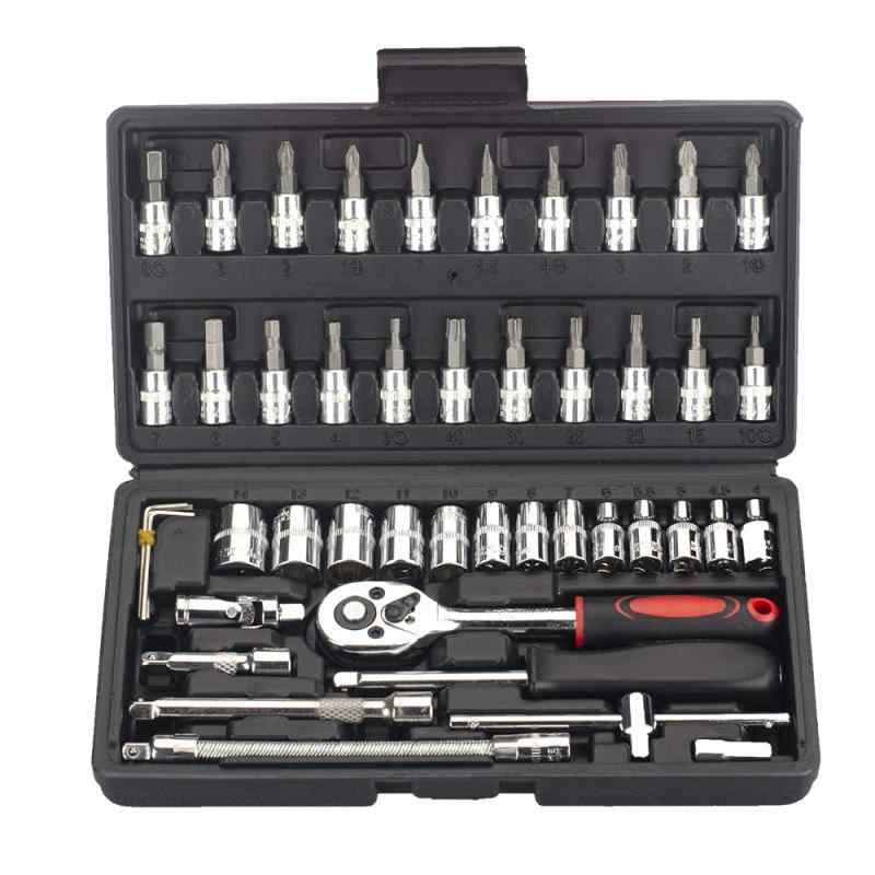 ソケットレンチ ラチェットレンチ 工具セット 差込角6.3mm(1/4インチ) 46点 スパナ 自動車修理ツール ソケットレンチセット 45ギヤ 車整備 点検 自転車修理 DIY用 便利 root-house-10125692 RoothouseStore パッケージ画像