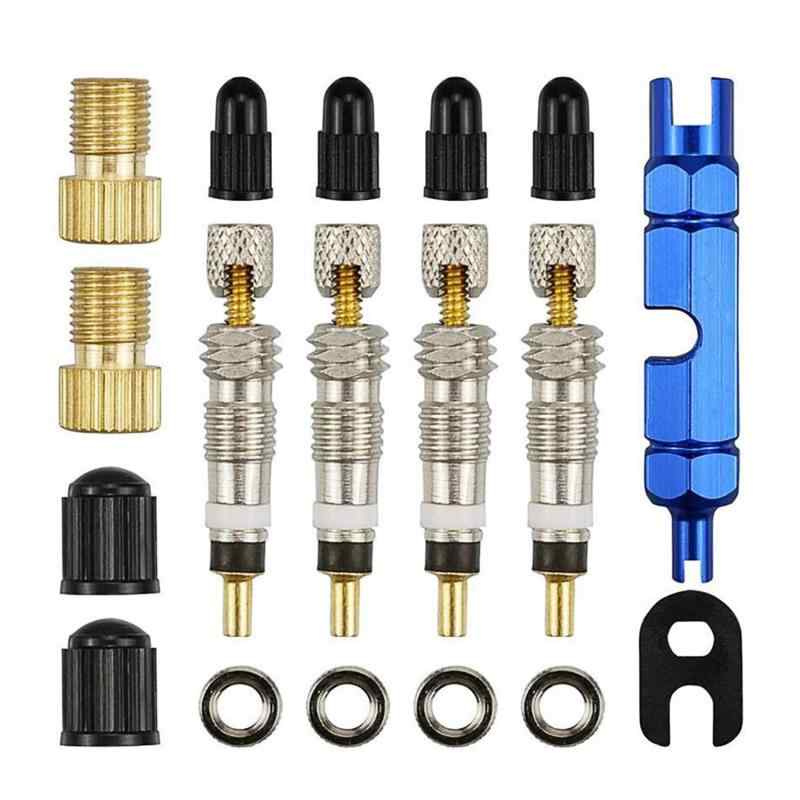 スーパーバルブ 【18点セット】フレンチバルブ交換キット バルブコアツール 修理ツール 合金バルブコア チューブレス交換コア取り外しツール パンク漏れ防止 自転車タイヤ適用用