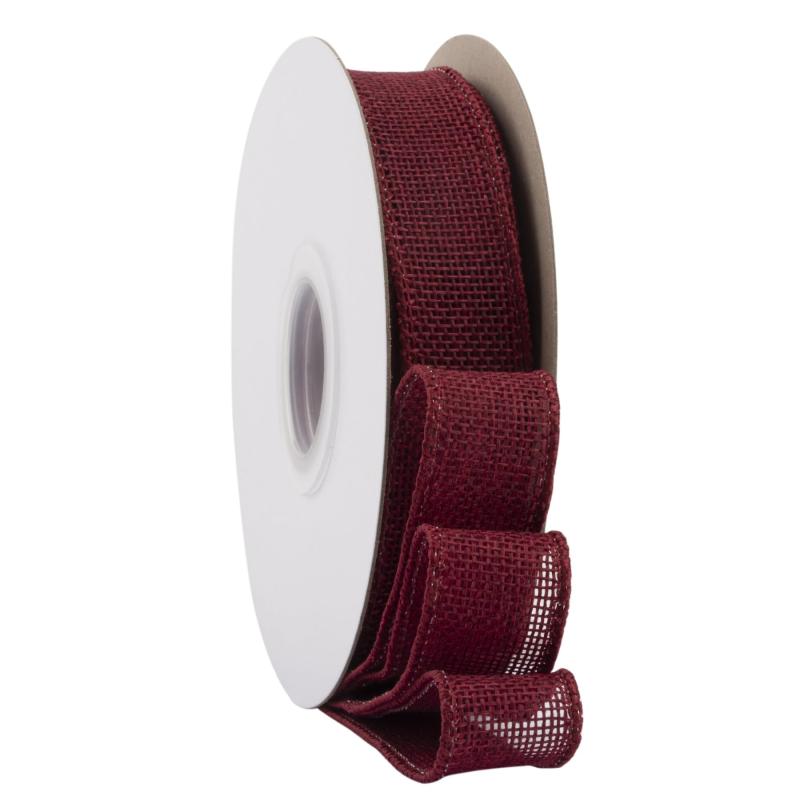 幅25mm バーラップワイヤーリボン 長さ18m ギフト包装、蝶結びの作り方、ナチュラルなウェディングの装飾、クリスマスツリーの飾りに最適 #277バーガンディ