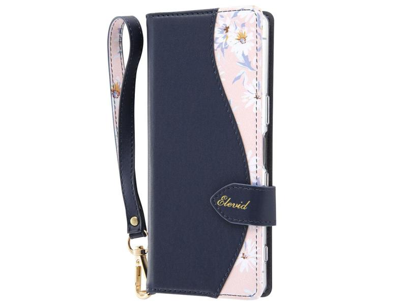 レイ・アウト Xperia 5（SO-01M/SOV41/SoftBank）用 手帳型レザーケース 花柄 ハンドストラップ付（ダークネイビー） RT-RXP5EVC1/DN