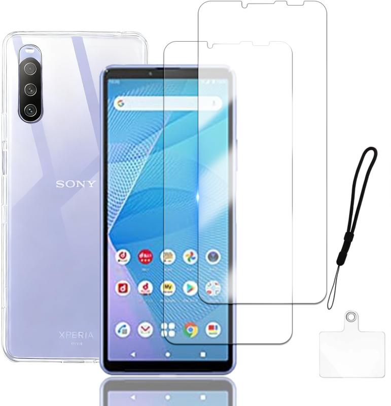kawaylJP For Xperia 10 III 用の ガラスフィルム10 III 用の フィルム 硬度9H 10 III 用の 強化ガラス ケース カバー+ショート ストラップ 携帯ストラップ