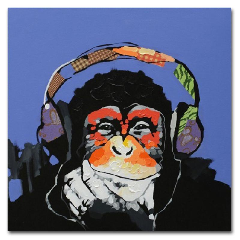 Fokenzary Hand Painted Oil Painting on Canvas Pop Art Cute Gorilla Listening to Music with Headphone with Frame Ready to Hang