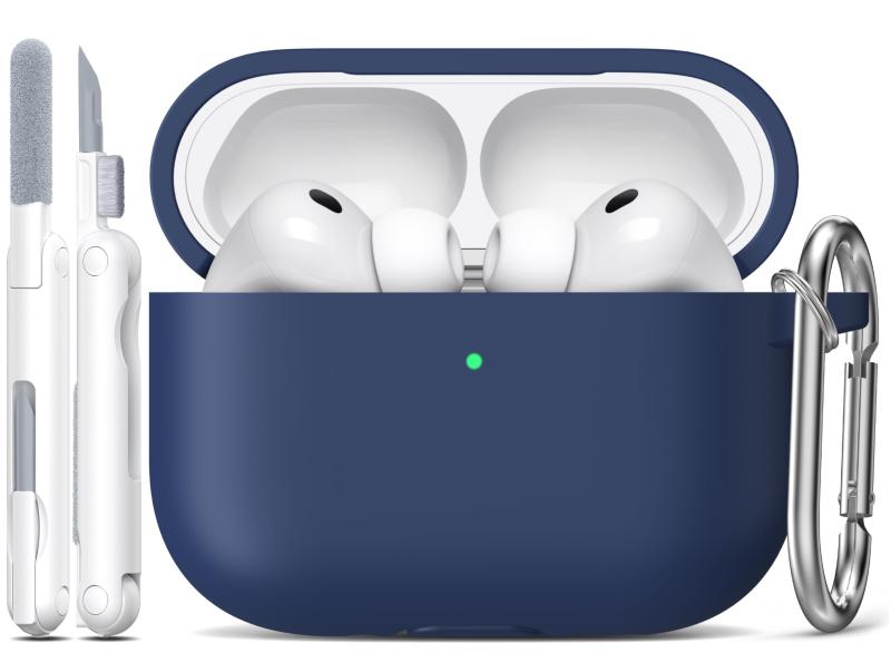 R-fun AirPods Pro 3ケース (2025) ソフトシリコン保護ケースカバー Apple AirPods Pro 第3世代 (USB-Cケーブル付き) 対応 女性 男性 クリーニングキットとキーチェーン付き,ミッドナイトブルー