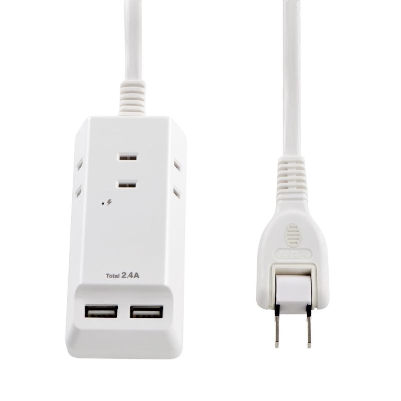 樂天商城 - エルパ(ELPA) 電源タップ USB 2口 2.4A 2個口 0.5m 雷ガード 延長コード 短い スリム 持ち運び 出張 旅行 デスク 卓上 ベッドサイド ホワイト 白 WL-2205SU