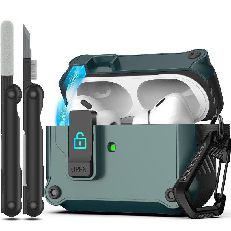 RFUNGUANGO AirPods Pro 第 2/1 世代ケースカバー 安全ロッククリップ付き 自動ポップアップケース フルボディ耐衝撃ハード保護カバー AirPods Pro 2 ケース (2023/2022/2019) 用 - 松葉グリーン