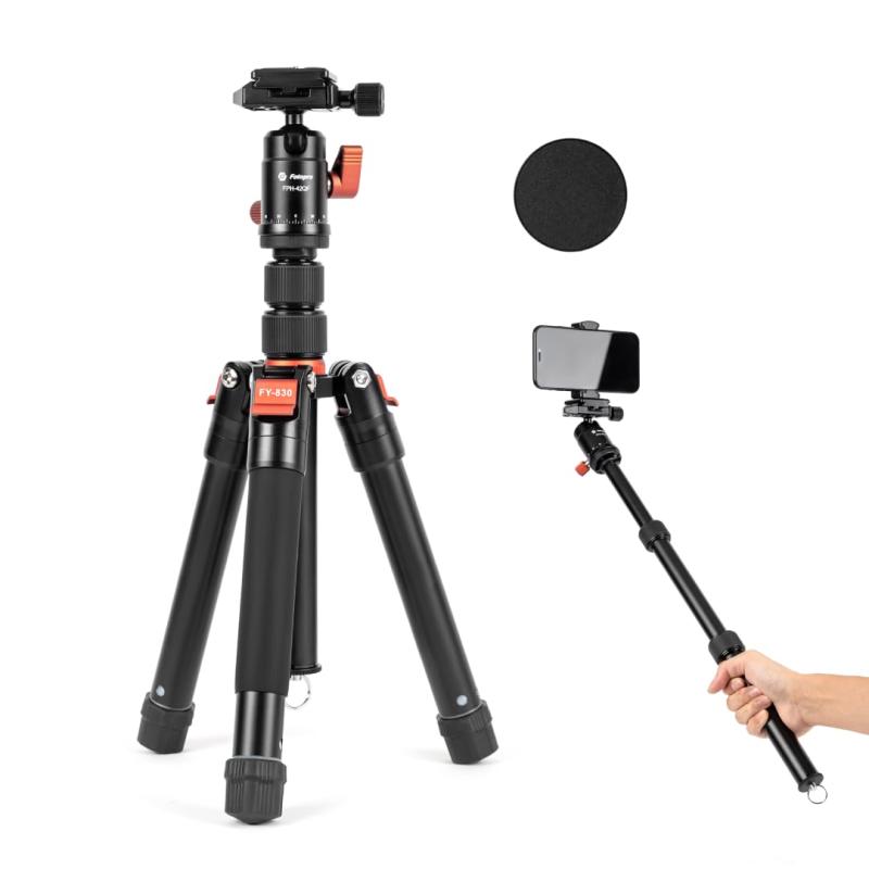Fotopro ミニ三脚 148cm 軽量コンパクト 旅行用 360度ボールヘッド 着脱式で自撮り棒としても利用可能 スマホマウント付きプロ仕様の安定性: 金属ボディと太め25mmセンターコラムにより、100-400mmの望遠レンズも安定支持。360°スムーズなパンニングと水平/垂直 shootingに対応