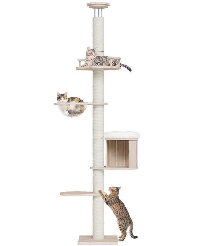 OROPY キャットタワー 突っ張り 木製 宇宙船ハンモック付き 193-250cm【高さ調整可能】193-250cmまで対応可能な突っ張り式キャットタワー。トップは3本の調節ネジで天井にしっかり固定でき、揺れにくく大型猫や多頭飼いでも安心。延長用ポール付きで高い天井にも対応可能、安心して長くご使用いただけます。【多機能デザイン】宇宙船ハンモック（直径30cm）、猫ハウス（直径35cm）、展望台（長さ48x幅40cm）＆ジャンプ台を搭載。登る・休む・遊ぶ・眺めるを1台で実現し、室内飼い猫の運動不足解消やストレス発散にも最適。【直径12cmの極太ポール】頑丈な爪とぎポストを採用。白い綿ロープ巻きで猫の爪研ぎ欲を満たしつつ、やさしい手触りで家具やソファを保護。ナチュラルな見た目でインテリアにも調和し、大型猫でも安心して使用可能。【天然木製マルチボード】高品質の天然橡膠木多層板を使用。耐久性が高く、ジャンプしても揺れにくい設計。大型猫や多頭飼い世帯でも安心のキャットタワー。【省スペース＆運動不足解消】スリム設計ながら多段構造で、省スペースでもしっかり遊べる天井突っ張り猫タワー。室内飼い猫の運動不足・ストレス解消に効果的。語取扱説明書と組立動画あり、工具付きで簡単に組立可能。