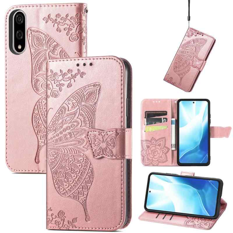 Rakuten - BASIO active3 用の ケース 手帳型 京セラ ベイシオ アクティブ3 携帯 背面 スマホカバー 財布型 女性向け PUレザー マグネット スタンド機能付き カード収納 軽量 純色 バタフライ エンボス加工