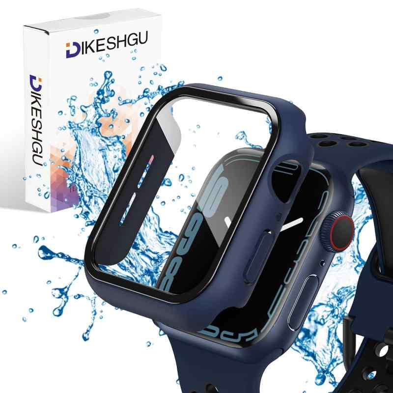 DIKESHGU for Apple Watch 防水ケース Series9/7/8 41mm/45mm アップルウォッチ シリーズ9/7/8用保護カバー ガラスフィルム 一体型 PC素材 タッチ感良好 アップルウォッチ第9/7/8世代 用 カバー Apple Watch 9/7/8 【優れた防水機能】2022年最新設計。apple watchケースの内部に特殊な加工を施すことにより、画面内部に水が入り込む現象を解決でき、汗をかく季節でも安心して身に着けられます。汗や水に強い快適に手首にフィットし、Apple Watch本来の使い方をいつでも綺麗にしなやかなつけ心地と防水性を両立させています。【高級感が溢れるデザイン＆装着簡単】 Apple Watchガラスフィルム＋Apple Watch保護カバーの融合された革新的な一体型デザイン。取付け道具不要、本体の上から嵌めるだけで楽に装着できます。従来のフィルム貼りの手間も省けます。【全面保護＆高透過率】 軽くて頑丈な高品質の素材を採用して、衝撃を吸収してくれます。また、透明度の高い液晶ガラス素材で作れられており、本来の明るくカラフルな画質を保ちます。【9H硬度＆耐衝撃】 硬度9Hと強靭な液晶保護フィルムで、外部の衝撃から大切なApple Watchを守ります。液晶面全体を保護する安心の構造で、普段使い程度の衝撃では、本体に傷がつくことはほとんどありません。【タッチ感度良好＆充電便利】 ケースを装着したままでもスムーズな操作感を実現。各ボタン操作や充電ホールへの接続もスムーズでノンストレスです。対応モデル：Apple Watch Series 9，Apple Watch Series 7，Apple Watch Series 8， 45mm