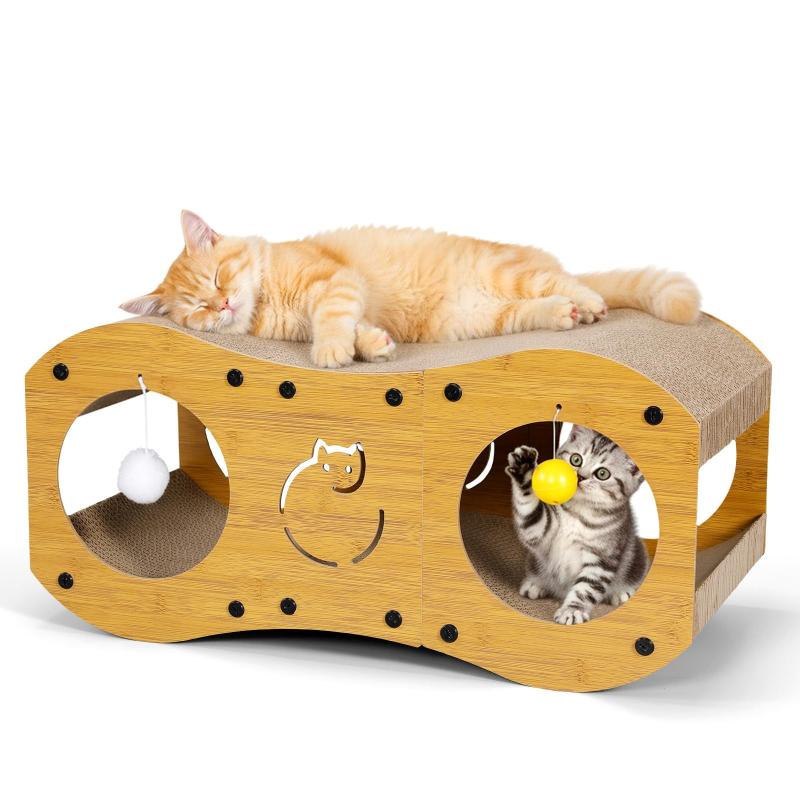 Rakuten - Gimars 猫用 爪研ぎ 8字型 猫ハウス おもちゃボール付き 二合一 ダンボール爪とぎ 隠れトンネル 立体型 キャットスクラッチャー 室内猫用 家具保護
