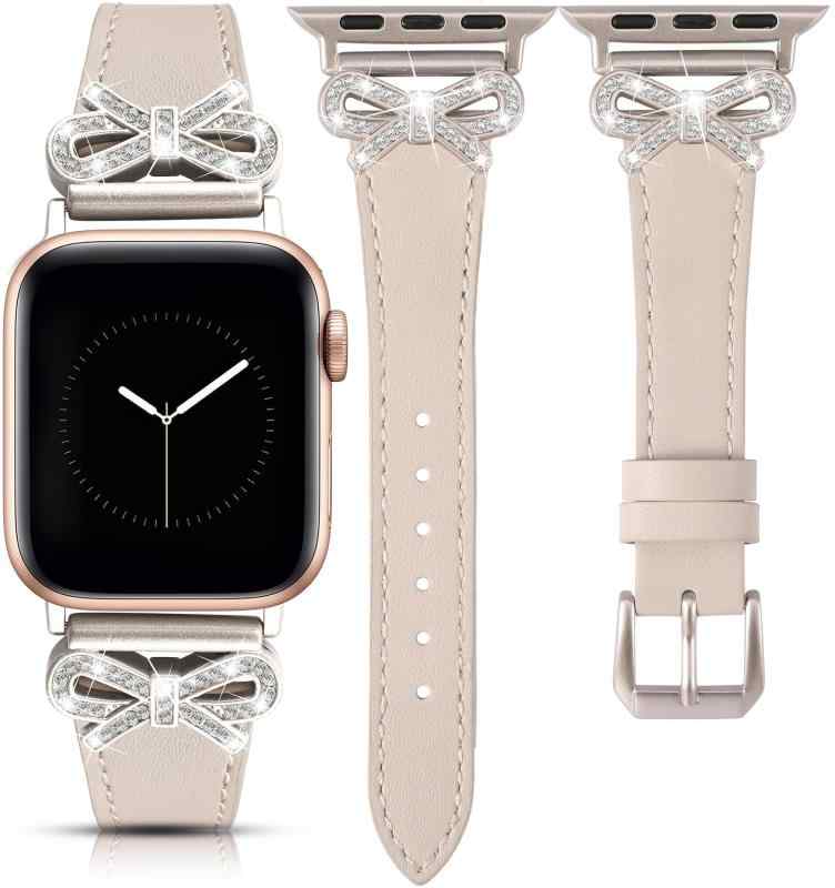 Rakuten - コンパチブル Apple Watch バンド 本革製 レディース レザーベルト 交換ベルト リボン柄 キラキラ アップルウォッチ バンド 49/46/45/44/42mm かわいい 女性 iWatch Ultra 2/S10/9/8/7/6/5/4/3/