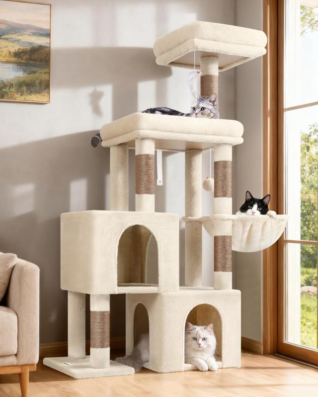 Globlazer キャットタワー 多頭飼い 大型猫用 低い 安定 頑丈 据え置き型 省スペース ハンモック付き ベージュ S52