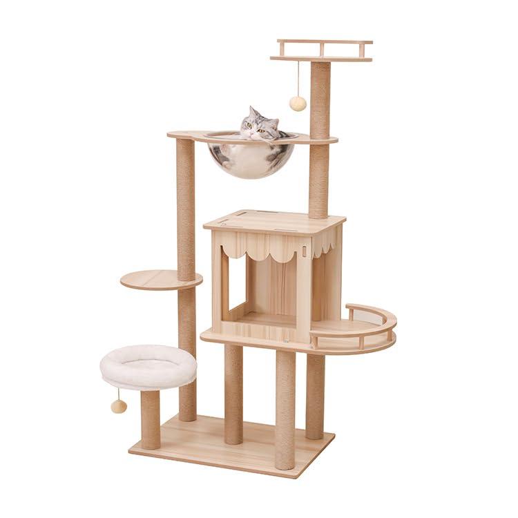 PETTIFUL キャットタワー 木製 据え置き 多頭飼い おしゃれ シニア 大型猫 宇宙船 【滑り止めマット付き】 クリアボウル 木目 インテリア性 大型 省スペース 成猫 子猫 人気 安定性高い 上下し【サイズ】土台40*60cm、高さ128cm、手作業の測定ですので、多少の誤差はご容赦ください。【インテリア性が高い】落ち着いた色合いながら、上質さを感じる質感と美しい木目が存在感を演出。どんな空間にも自然に調和し、置くだけで洗練された雰囲気をプラスします。【滑り止めマット付き】猫ちゃんが踏むスペースの形にぴったり張り付けいただける滑り止めマット付属いたします。滑々の板に怖がる猫ちゃんにも愛用してくれます【お手入れ楽々】表面は水をはじく加工をしており、汚れが染み込みにくく、サッと拭き取るだけで清潔を保てます。宇宙船もネジ止めしておりませんので、水洗いいただく際に取り外し便利です。【簡単組立】大型サイズですが、手すり付きのパーツはすべてあらかじめ取り付けた状態でお届けいたします。複雑な作業はなく、初めての方でも安心して組み立てられます。【省スペース】壁際にぴったり、ソファ横でもスマートコーナーにも設置いただける、狭い部屋向けのデザイン。上から見ても、はみ出しが少ない。【安定感バツグン】12mm 厚の丈夫な繊維板素材を使用。重量感がしっかりあるので、猫が激しく飛び跳ねても土台が揺れず転倒を防止します