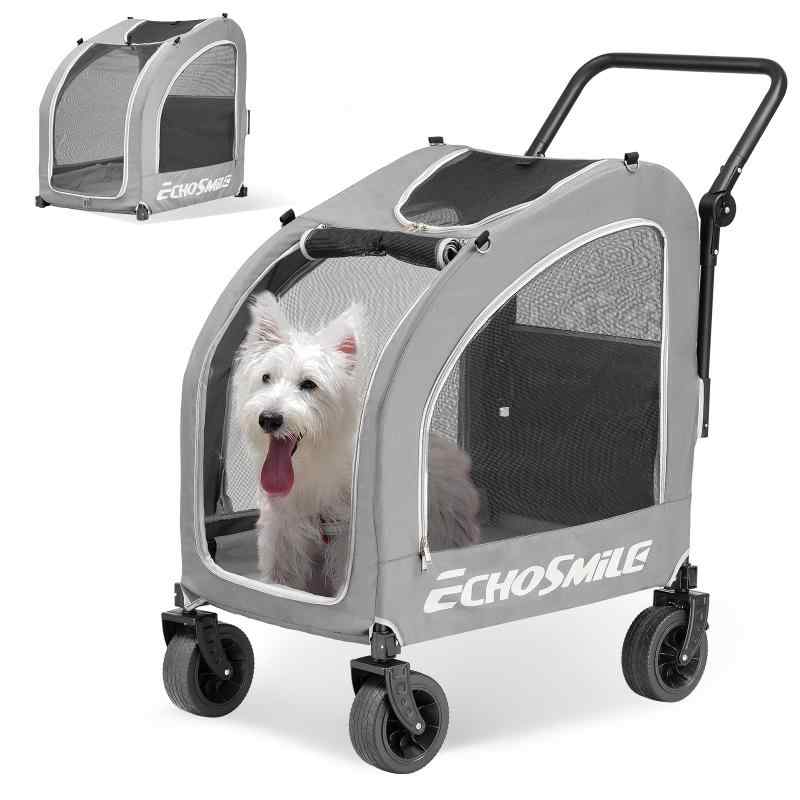 EchoSmile ペットカート 小型犬 中型犬 バギー 多頭 グレー多機能デザイン: 中小型犬に適しており、換気窓付きの広々コンパートメントで、ペットに快適な空間を提供し、視認性も良好です。操作が簡単: スムーズに回転する車輪と人間工学に基づいたハンドルを備え、散歩や旅行時にスムーズに移動できます。安全機能充実: リーシュ固定ポイントと安定したブレーキシステムを搭載、ペットを安全に守ります。収納が便利: 複数のポケットを備え、ペットの日用品・おやつ・用品などをまとめて収納可能です。持ち運びやすい設計: 軽量フレームと折りたたみデザインで、持ち運びやコンパクト収納に便利です。耐久性のある素材: 耐久性に優れたオックスフォードクロスを主材とし、補強スタンドで安定性を高め、長期使用に対応します。快適な操作性: レザーハンドルは握り心地に優れ、通気性メッシュウィンドウでペットの視界と換気を確保します。