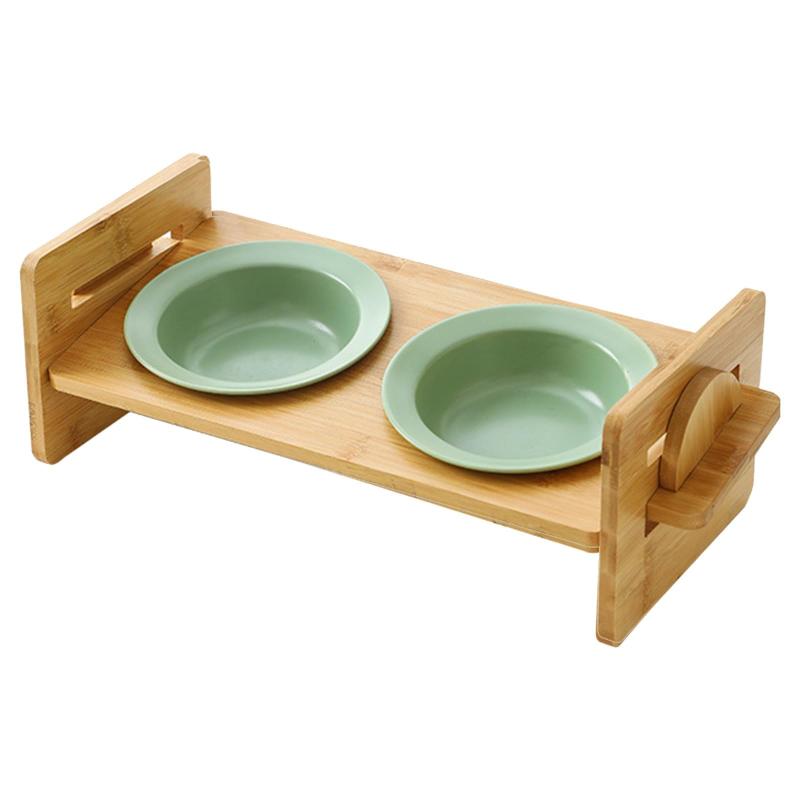 MONIWOLLY 猫 餌台 犬 食器台 ペット 猫 食器スタンド ダブル 昇降式ペットボウルスタンド 竹製 15度 角度付き セラミック製 犬 食器 260ml×2 陶器ボウル 負担軽減 嘔吐防止 ペット 餌台 スタンド