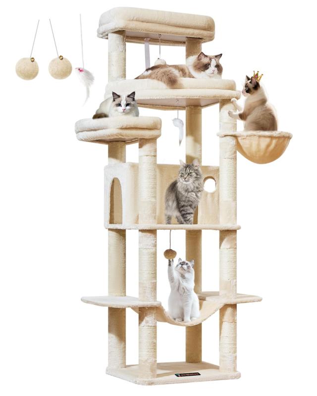 Taoqimiao キャットタワー 高さ180cm 大型猫用 多頭飼い 猫タワー 据え置き型 超スリム 省スペース 安定感 運動不足解消 猫ハウス 超大型扇形プラットフォーム 天然麻紐 爪研ぎ棒 9本爪とぎ柱