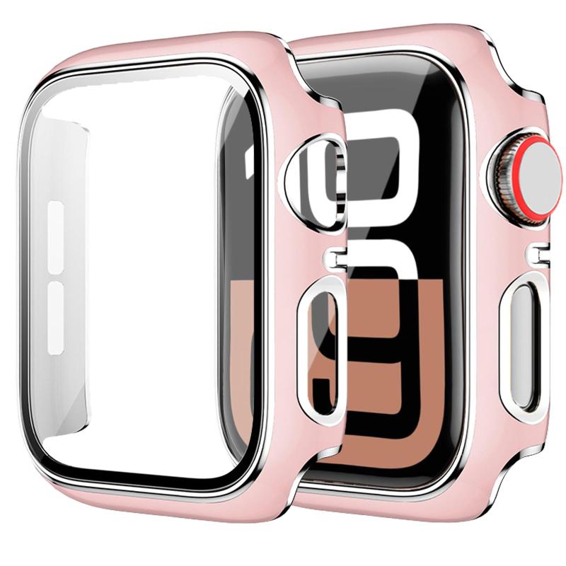 YAODLE Apple Watch ケース アップルウォッチ カバー Series 11/10 42mm 対応 Apple Watch保護ケース PC+ガラス 素材 3D曲面エッジ 高透過率 全面保護 防塵 キズ防止 軽量(42mm，ピンク＋シルバーエ