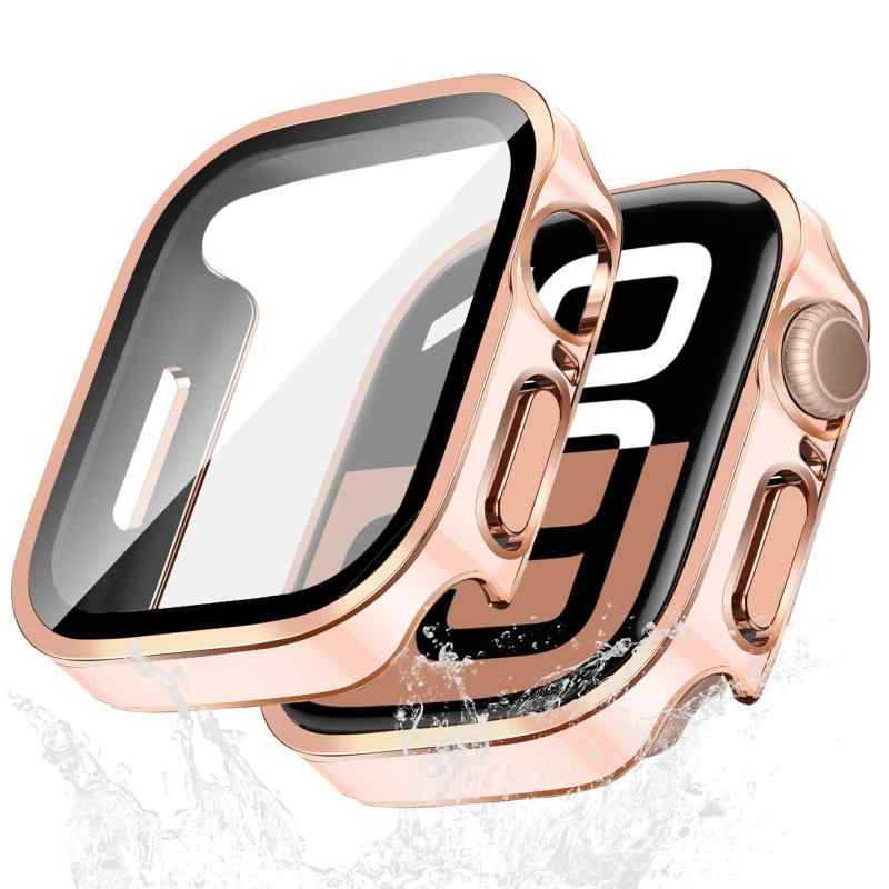 YAODLE Apple Watch ケース アップルウォッチ カバー Series 9/8/7 45mm 対応 Apple Watch 防水 カバー PC+ガラス 素材 3D直角エッジ 高透過率 全面保護 防塵 キズ防止 軽量(45mm，ピンク＋ローズ