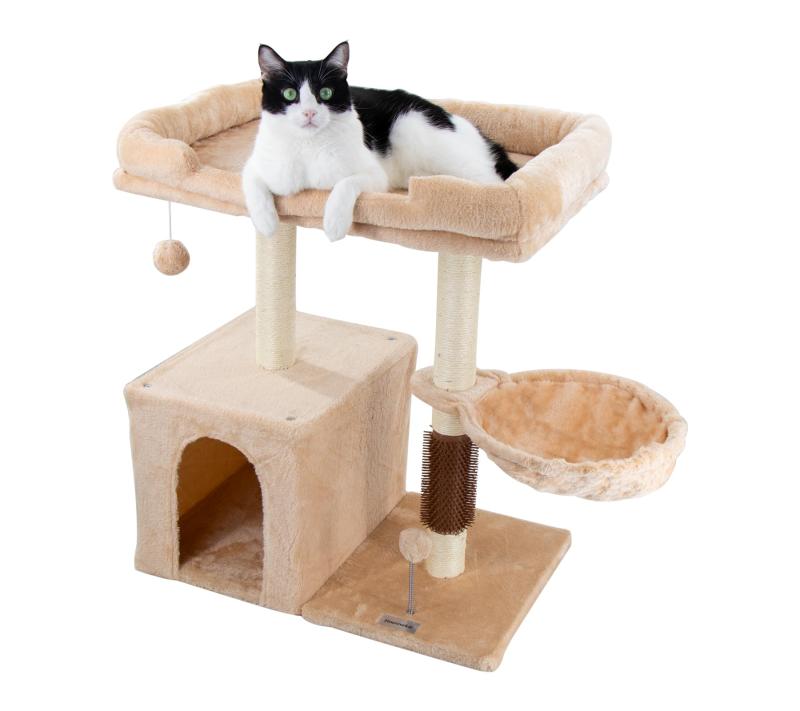 Hapineko（ハピネコ） キャットタワー ミニ 猫タワー 小型 低い 小さめ コンパクト セルフグルーマー 爪とぎ ポール2点 見おろし展望台 隠し部屋付き ハンモック 高さ72CM (L,ベージュ)🐱【多機能キャットタワー】猫の日常を快適に過ごさせるため、見おろし展望台、サイザル麻コラム、セルフグルーマー、ハンモック、ダングリングボール、居心地の良いベッドが一つに。コンパクトで場所をとらず、猫用の寝床、爪とぎ、ミニキャットツリー、子猫にも最適。🐱【耐久性のあるサイザル麻コラム】傷つかず高い嗜好性を有する猫の天然の研ぎ癖を満たし、家具を保護するサイザル麻コラム。猫が傷をつけたりすることを防ぐだけでなく、効果的で満足のいく研ぎが提供できます。🐱【猫の健康をサポート】独自の形状を配して、自己グルーマーで猫の毛玉を減らすことができます。また、取り外し可能なカバーを備えた猫ベッドは簡単に掃除することができ、猫の環境を衛生的に保つことができます。🐱【綿パッドと交換可能なボール】0.5センチの綿パッドと交換可能なボールでさらに快適で楽しい猫の時間に。猫の隠し部屋と展望台の綿パッドは柔らかくて暖かく、猫がリラックスして休むことができます。🐱【コンパクトなサイズと簡単な組み立て】サイズは（長さ60CM；幅40CM；高さ72CM）でコンパクト。簡単に組み立てることができます。すべての取り扱い説明書と工具が付属しています。