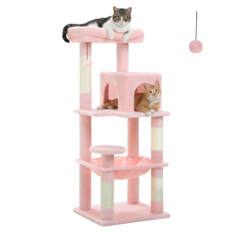PETEPELA(ぺテぺラ) キャットタワー スリム コンパクト 116cm ハンモック 爪とぎ 見晴台 据え置き 多頭飼い ピンク M【商品仕様】Mサイズ：幅45×奥行41×高さ116cm、重量8.7kg//Lサイズ：幅55×奥行45×高さ143cm、重量11.6kg。【安定性抜群トップベッド】下に2本の柱が支えているので、一本の柱タイプより安定性抜群ですカバーも取り外して洗えます【爪とぎポール】天然サイザル麻紐爪とぎポール、長持ちです。（単独購入可能）【多頭飼い】休憩できる場所はたくさんあるので、多頭飼いの場合でもご使用できます可愛い猫ちゃんたちがここで遊んだり、寝たりして、見るだけでも楽しいo(^o^)o【広いハンモック】幅45*奥行40cm、四箇所でしっかり固定しています、大きな猫ちゃんにぴったり