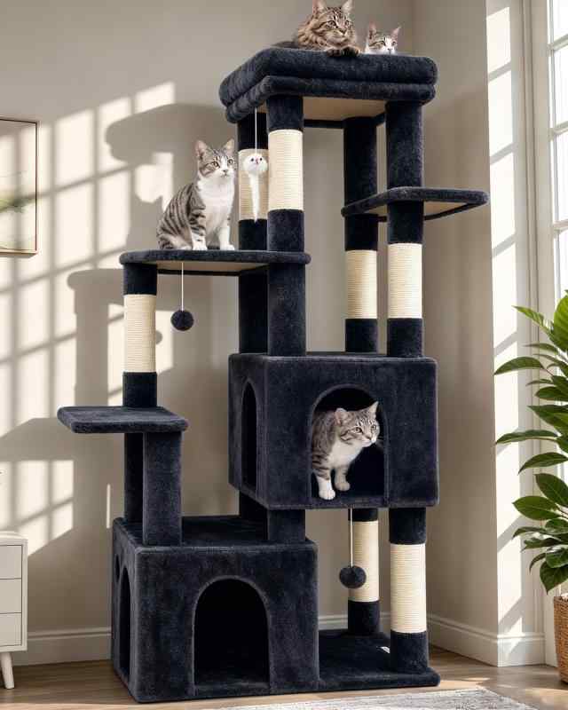 Globlazer キャットタワー 大型猫用 多頭飼い 据え置き 多機能 付き ハンモック 見晴台 強い安定性 簡単に登れる ダークグレー F61【多機能設計】高さ155cmのこのキャットタワーは、大型の成猫の多様なニーズを満たすように設計されています。多層構造と多機能設計で、垂直に登るスペース、リラックスして休むためのプラットフォーム、インタラクティブなおもちゃを提供します。【特大展望台】この大型キャットタワーには、45cm x 40cmの特大上部展望台が付いており、大きな太った猫や複数の子猫のための多機能プラットフォームとして使用できます。リラックスして観察するのに最適な場所です。【広々とした猫の隠れ家】45cm x 40cm x 35cmの広々としたキャットハウスが2つあり、大型の室内猫に適しており、快適な休憩スペースを提供します。1つでは物足りないですか？このキャットタワーには2つあります。成猫が静かに休む場所を見つけたり、周囲の環境を観察したりするのに最適です。【天然サイザル麻の爪とぎポスト】7つの天然サイザル麻の爪とぎポストは、健康的な爪とぎ行動を促進するだけでなく、猫の爪を守り、家具を保護します。【エンターテイメントおもちゃ付き】キャットタワーの基本機能に加えて、吊り下げ式マウスおもちゃと吊り下げ式ボールも猫の日常生活を豊かにします。