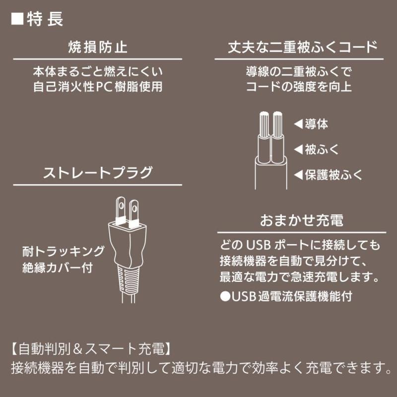 オーム電機 電源タップ USBタップ USB充電器 急速充電 コード付き AC充電器 USBポート2個 過電流保護 1m ホワイト HS-1MUSB-22 00-1658 OHM